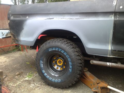 1978 Ford Bronco - and after with new wheels tyres and drums! By the way the jack is'nt supporting the truck at all