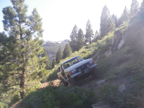 1991 Ford Bronco - Ford F-Series truck navigating a challenging off-road trail in a mountainous, wooded area.