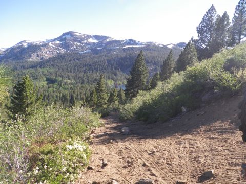 1991 Ford Bronco - A scenic mountain landscape with a dirt path winding through trees and a distant lake.