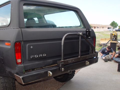1978 Ford Bronco - Rear view of a 1978 Ford Bronco with a custom bumper and tire carrier installed.