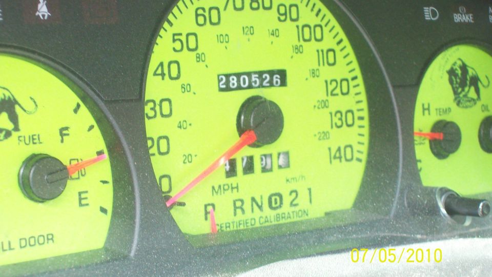 Dashboard gauges with yellow face, showing odometer reading 280526, fuel, and temperature