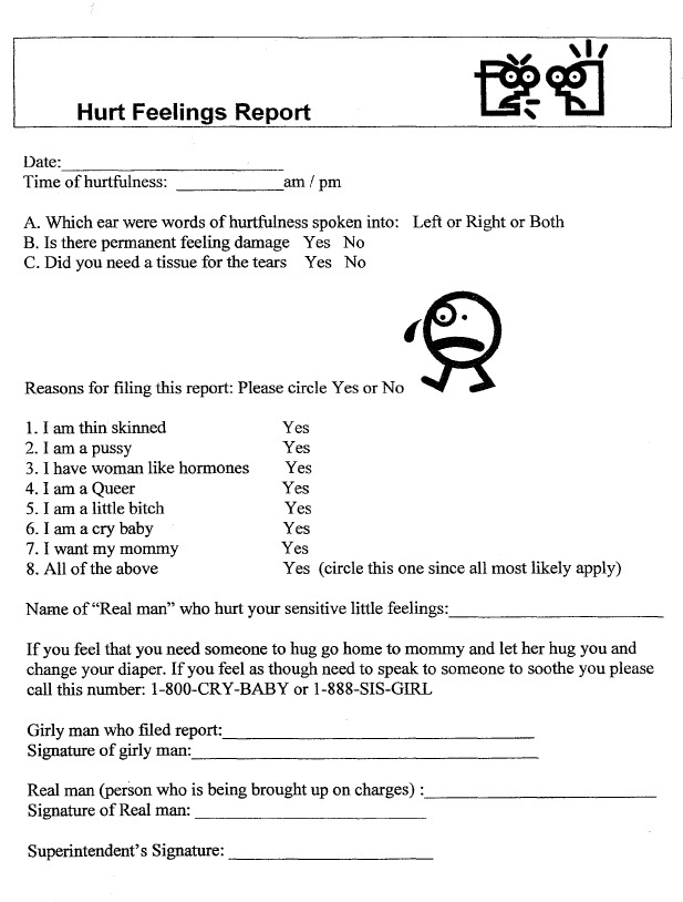 Hurt Feelings Report document with cartoon graphics and text fields