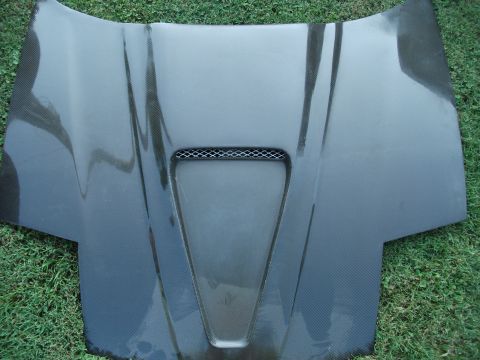 1994 Ford Probe - A carbon fiber hood with a central vent and mesh grille is displayed on a grassy surface.