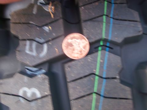 1989 Ford Bronco - Close-up of tire tread with a penny for scale, showing the tread pattern and colored wear indicators.