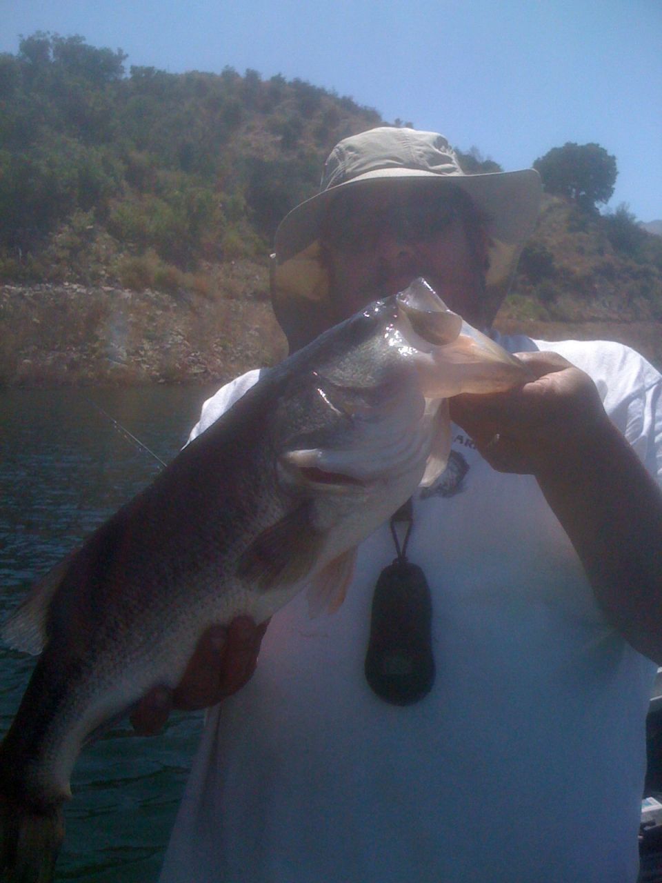 Person in a hat holds a large bass in front of a wooded hillside and water