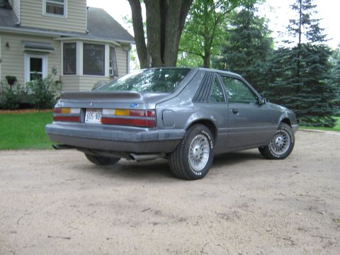 1985 Ford Mustang - This gray 1985 Ford Mustang coupe is shown from the rear, parked on a gravel driveway.