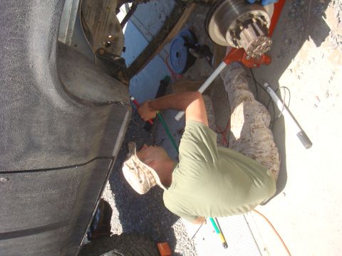 Person in camouflage pants and green shirt working on a vehicle's axle with tools
