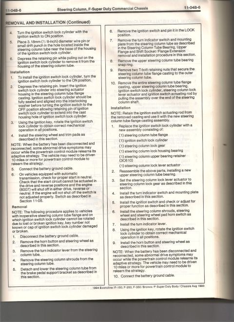 1994 Ford Bronco - Scanned page 11-04B-6 from a 1994 Ford Econoline/F-150-F-350/Bronco/F-Super Duty body and chassis service manual, covering removal and inst…