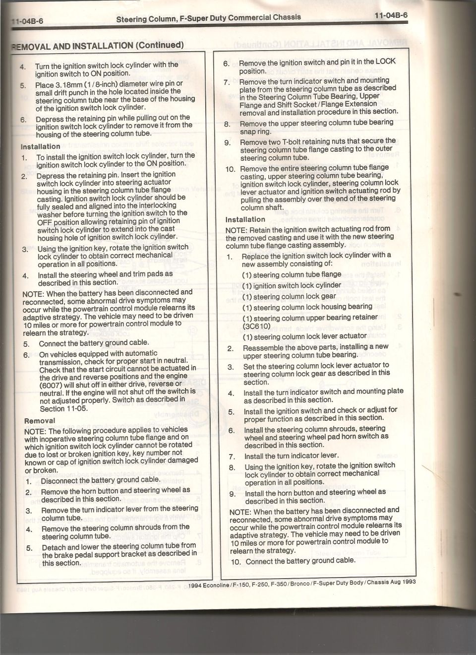 '94 Ford service manual page 11-04B-6 on F-Super Duty steering column lock cylinder removal and install