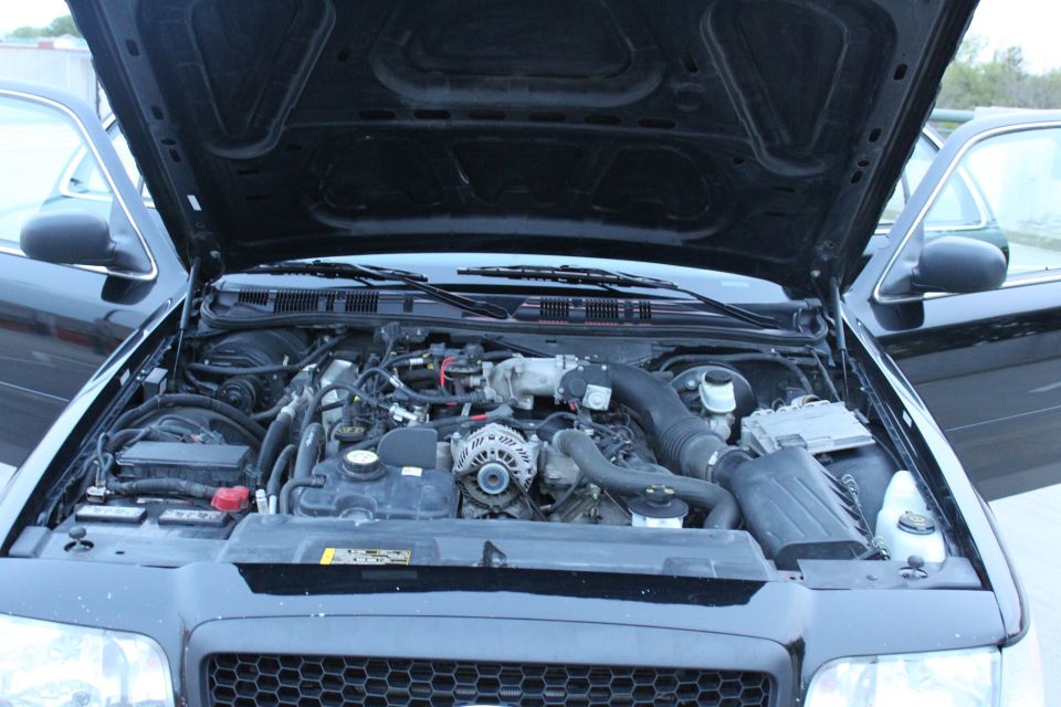 Engine bay of a black Ford sedan with V8, alternator, airbox and master cylinder, hood open