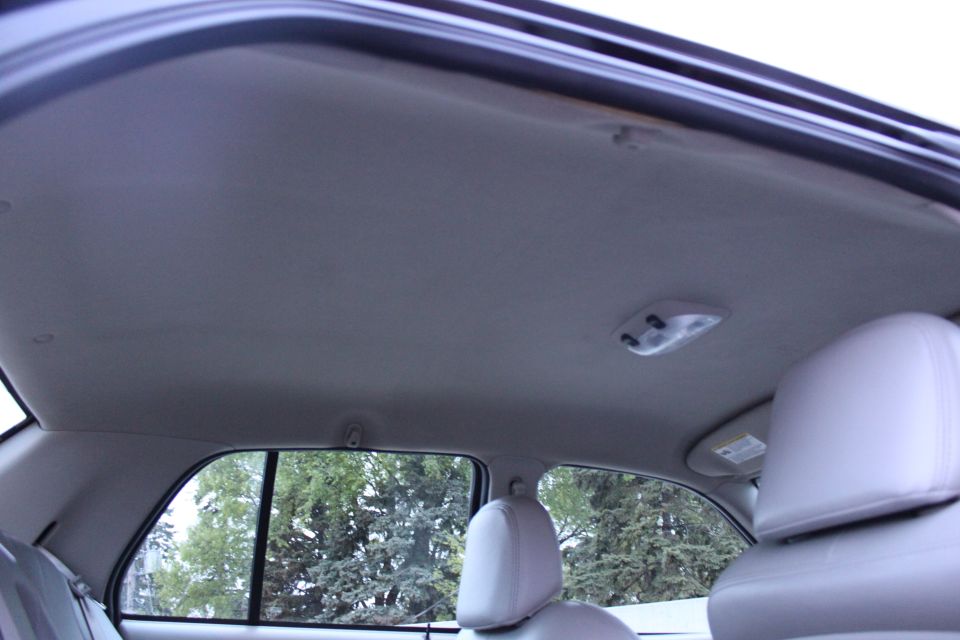 Gray cloth headliner in a sedan's rear cabin with courtesy lamp and leather headrests below