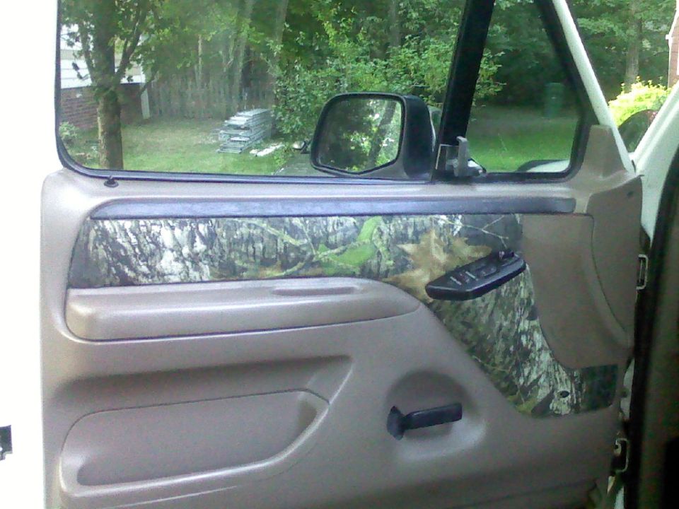 Interior door panel with camouflage trim and power window controls
