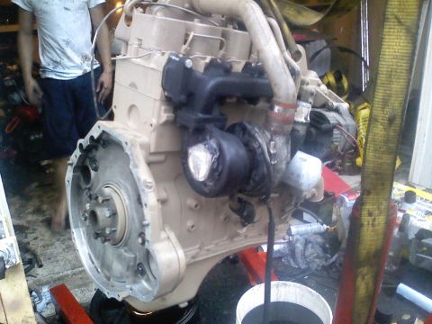 1990 Ford Bronco - A tan-painted inline-six diesel engine hanging out of the vehicle on a red engine hoist in a garage, viewed from the flywheel/bellhousing e…