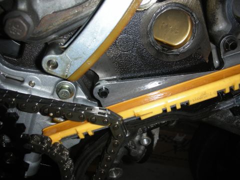1992 Ford Crown Victoria - Engine timing components, including a chain and yellow plastic guides, are visible in this close-up shot.