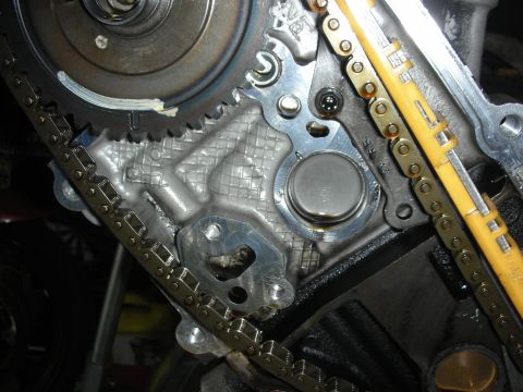 1992 Ford Crown Victoria - Close-up view of engine timing components, including chains, gears, and tensioners.