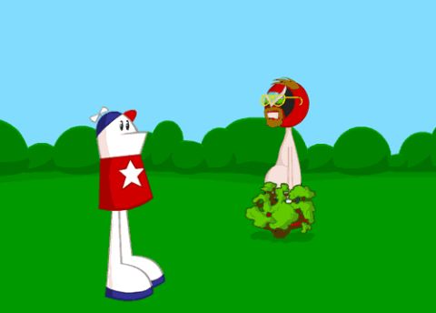 2006 Ford E350 - A cartoon character in a red shirt with a white star and a blue and white hat stands in a field, facing another character.