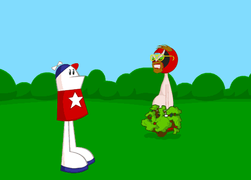 Two cartoon characters stand in a green field under a blue sky