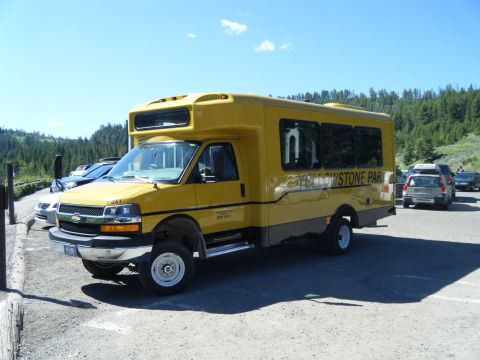 1981 Ford E350 - Yellowstone National Park shuttle bus parked in a lot with trees and sky in the background.