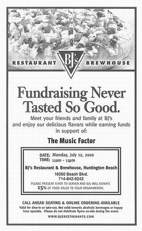 1990 Ford Bronco - This flyer advertises a fundraising event at BJ's Restaurant & Brewhouse for The Music Factor.