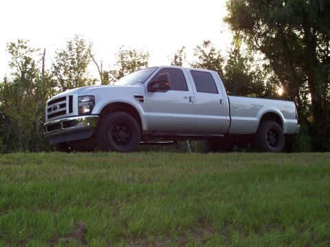 2008 Ford F-250 - This 2008 Ford F-250 pickup truck is viewed from a 3/4 front angle, parked on a grassy incline with trees in the background.