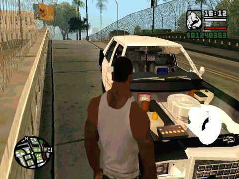 2000 Mercury Grand Marquis - A character stands by a police car with its hood open, revealing the engine components in a video game environment.