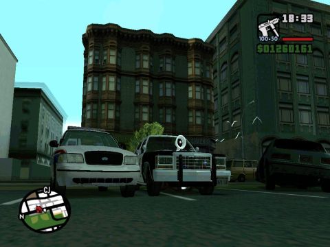2000 Mercury Grand Marquis - A digital rendering of police vehicles and a van in an urban environment.