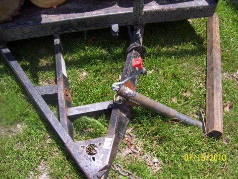 1978 Ford Bronco - Close-up of a trailer's hitch mechanism and jack, with a wooden block supporting the jack leg.