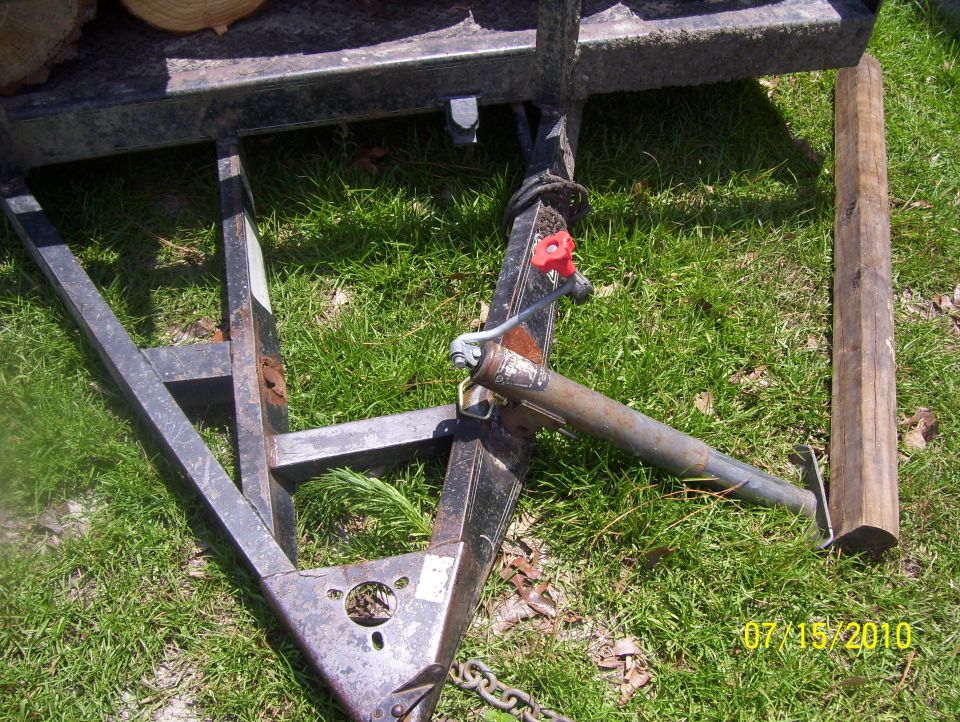 Trailer hitch assembly with a red handle and a metal jack leg resting on a wooden block