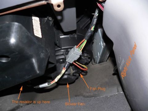 2007 Ford Mustang - Close-up of a blower fan and its wiring harness, with labels pointing to components.