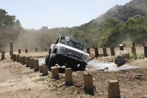 1989 Ford Bronco - A white 1978 Ford Bronco tackles a challenging off-road course, kicking up dust and splashing through mud.