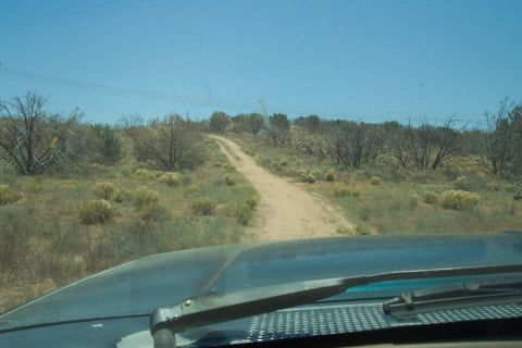 1995 Ford Bronco - Driving down a dusty road in a dry, scrubby landscape.