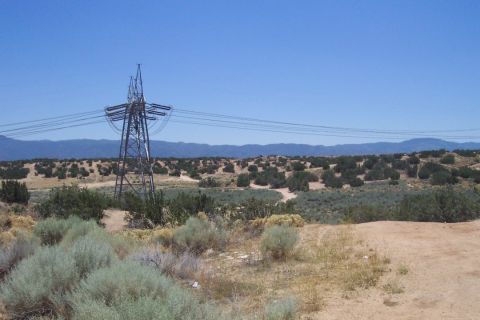 1995 Ford Bronco - A vast desert scene with power lines stretching across the horizon, mountains in the distance, and sparse vegetation.