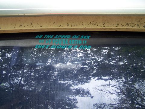 1989 Ford Bronco - A sticker with a suggestive message is applied to the rear window of a vehicle, with trees reflected in the glass.
