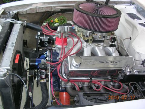 1972 Ford Ranchero - Close-up of a Ford V8 engine, Motorsport valve covers and an aftermarket air intake system.