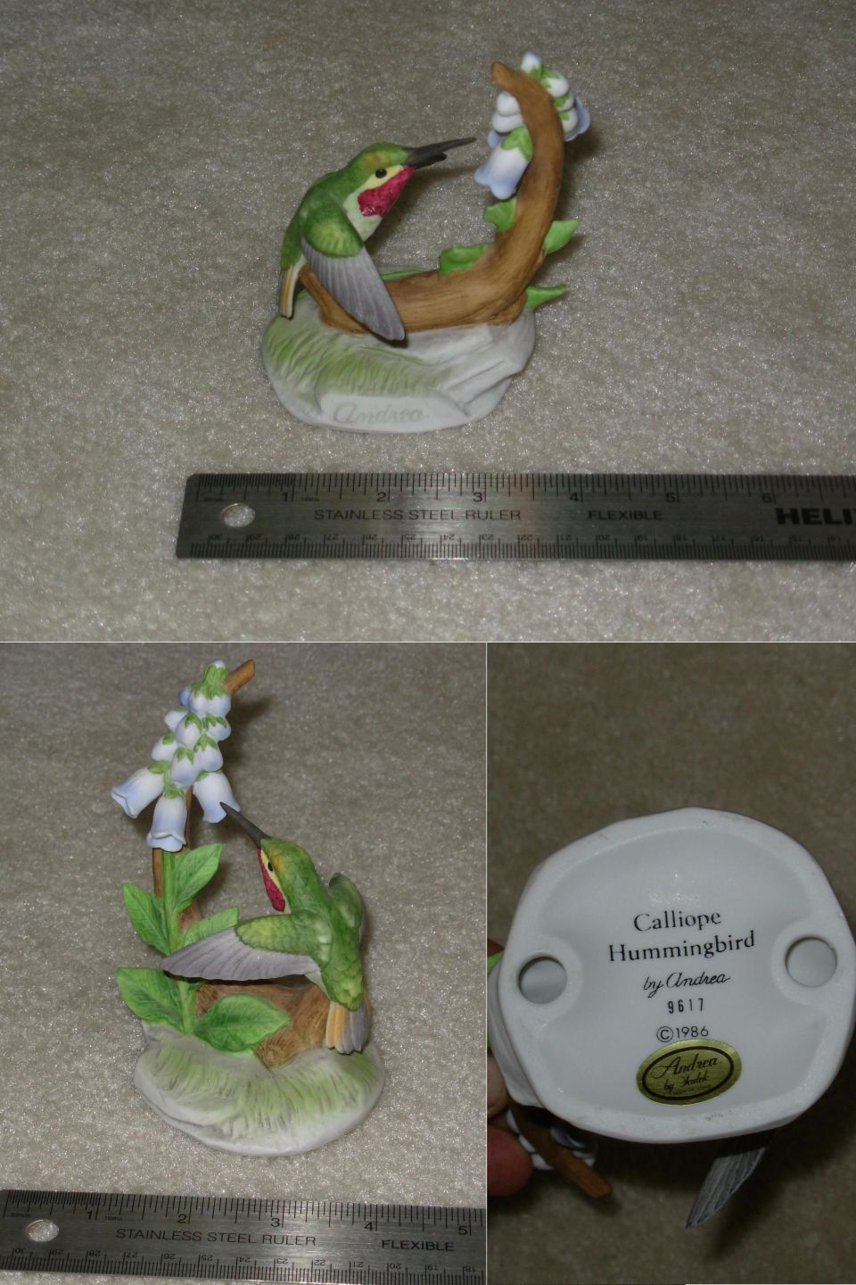 Andrea Calliope Hummingbird porcelain figurine with ruler for scale and marked base