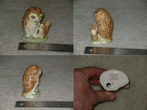 2004 Land Rover Land Rover - Beatrix Potter figurine of an owl and squirrel, with text indicating it is 'Old Mr. Brown' and 'Made in England'.