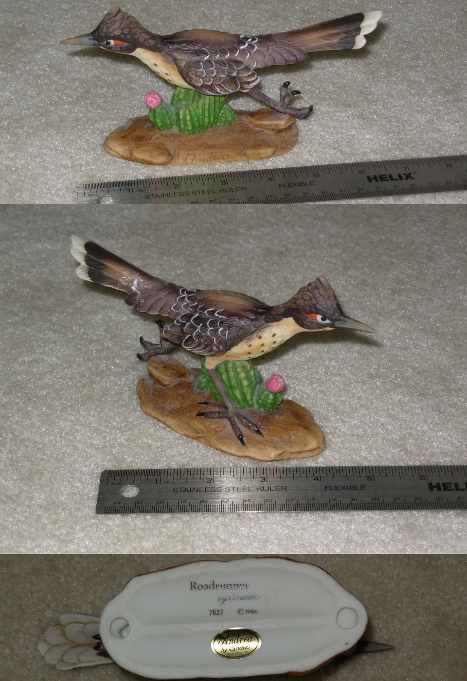 Porcelain roadrunner figurine shown with a ruler and Andrea by Sadek maker's mark underneath