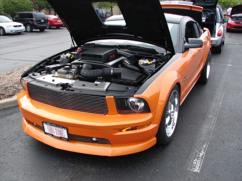 1992 Ford Taurus - Orange Ford Mustang with its hood open, revealing the engine and a "SHO TIME" license plate. Other vehicles are visible in the background.
