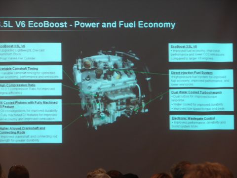 1992 Ford Taurus - A presentation slide details the features and benefits of the Ford 3.5L V6 EcoBoost engine, including its power and fuel economy advantages.