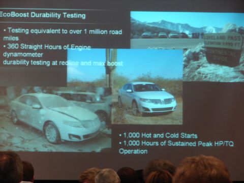 1992 Ford Taurus - Presentation slide on EcoBoost Durability Testing includes images of cars and a sign for Loveland Pass.