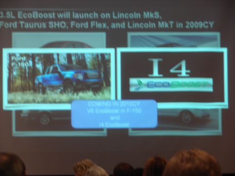 1992 Ford Taurus - Presentation slide displays a Ford F-150 and information about EcoBoost engine technology.