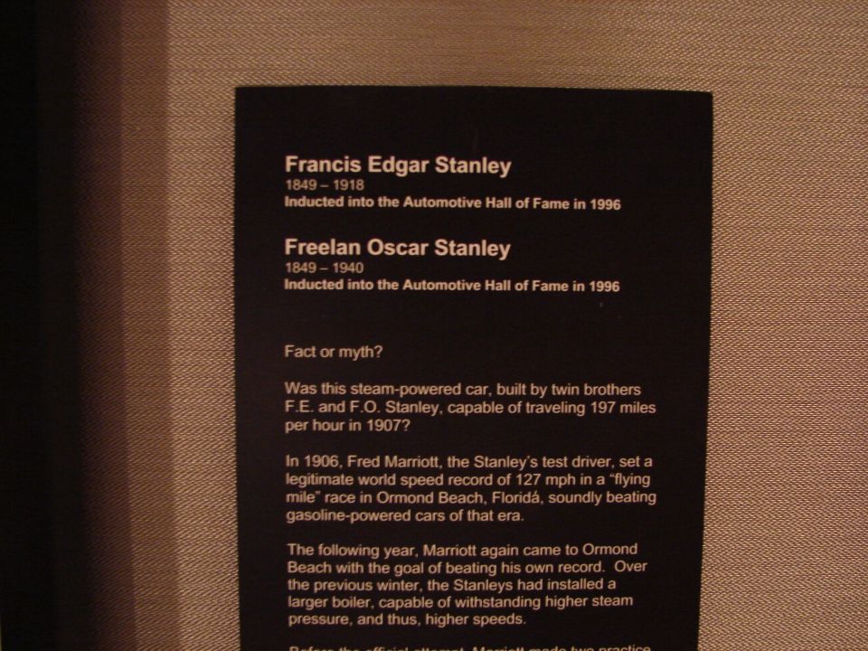 Document about Francis Edgar and Freelan Oscar Stanley, detailing their induction into the Automotive Hall of Fame and a steam-powered car record