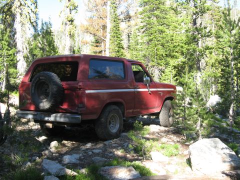1981 Ford Bronco - This red 1981 Ford Bronco navigates a , wooded terrain during a camping trip.