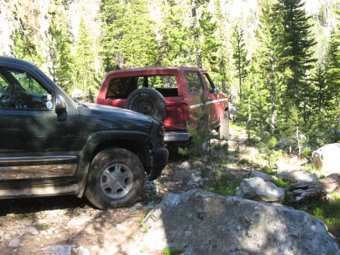1981 Ford Bronco - Two SUVs parked on a dirt road in a forest during a camping trip.