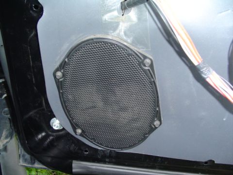 1999 Ford Taurus - Close-up view of a car door speaker grille and wiring harness.