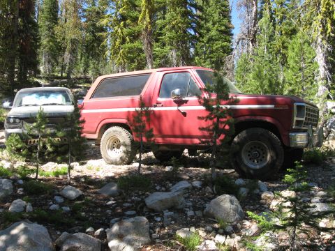 1981 Ford Bronco - Two vehicles are parked in a forest clearing with trees and rocks around them.