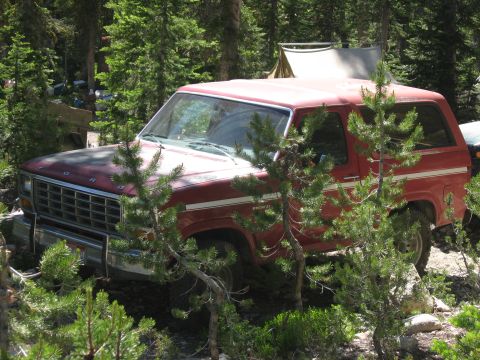 1981 Ford Bronco - Red Ford Bronco parked in a wooded area with pine trees and a tent in the background.