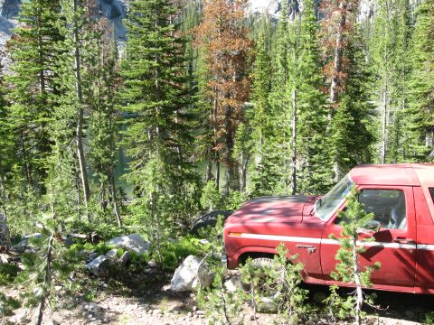 1981 Ford Bronco - Red Ford Bronco parked in a forest near a lake.