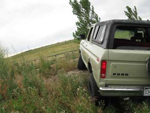 1978 Ford Bronco - The rear of a light-colored Ford Bronco is visible, parked off-road with a fence and hill in the distance.