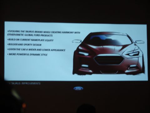 1992 Ford Taurus - A presentation slide displays a sketch of a Ford Taurus, highlighting design improvements and brand evolution.